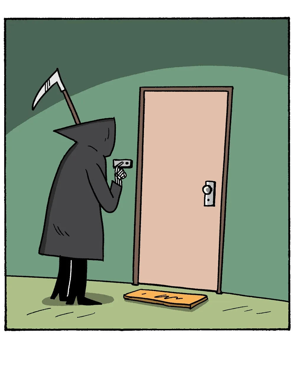 A cartoon depiction of the Grim Reaper, identifiable by his black hooded robe and scythe, standing before a plain door and…
