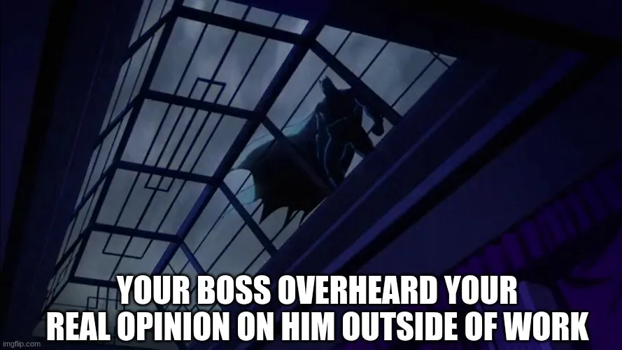 A dark, low-angle shot shows Batman silhouetted against a glass ceiling, looking down menacingly. White bold text overlaid…