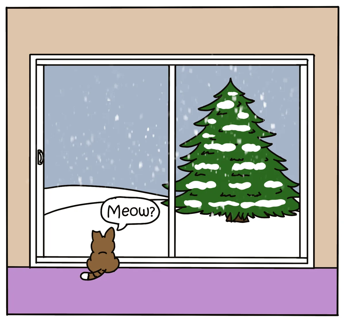 A cartoon brown cat sits on a purple windowsill looking out at a snowy scene with a snow-covered evergreen tree visible…