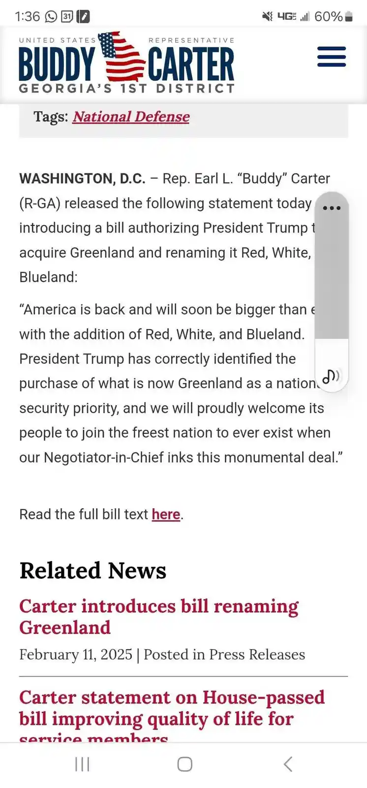 A screenshot of a fake news article about U.S. Representative Buddy Carter introducing a bill to acquire Greenland and…