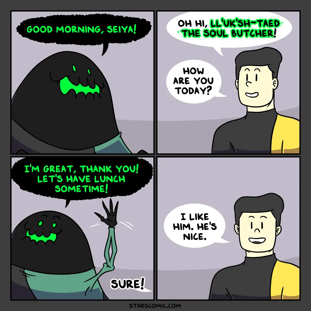 A four-panel comic shows a friendly ghost named Seiya greeting a man, who then introduces the ghost as 'LL'UK'SH-TAED: THE…