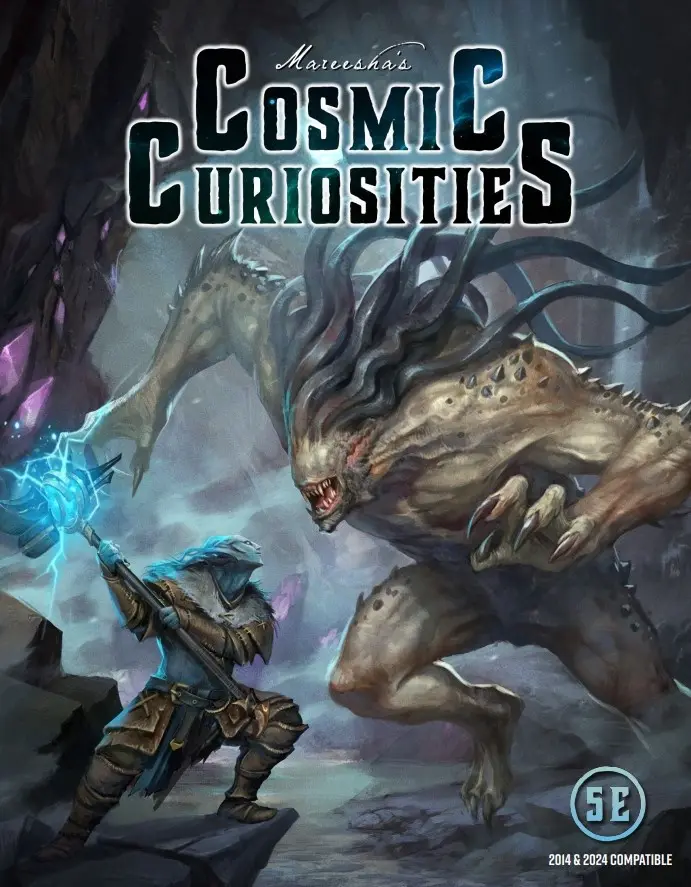 A fantasy illustration shows a small armored warrior with a glowing blue hammer facing a large, monstrous, multi-limbed…
