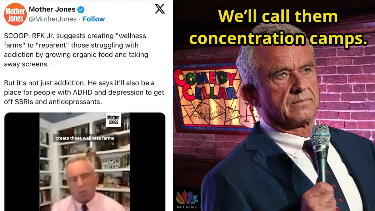 The image is a split-screen meme. On the left, a Mother Jones X (Twitter) post reports that RFK Jr. suggests 'wellness…