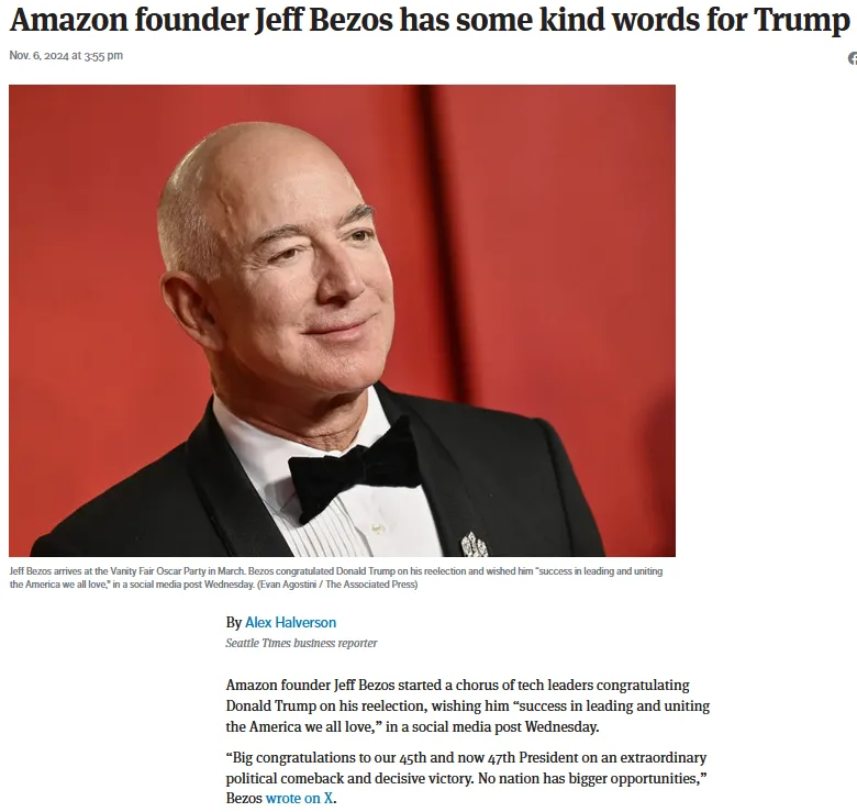 A news article screenshot shows a photo of Jeff Bezos in a tuxedo against a red background. The headline reads 'Amazon…