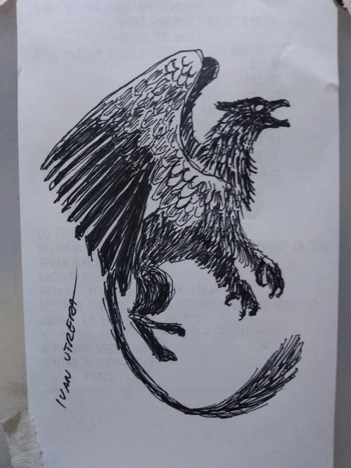 A hand-drawn black-and-white sketch of a griffin, a mythical creature with an eagle's head and wings and a lion's body…