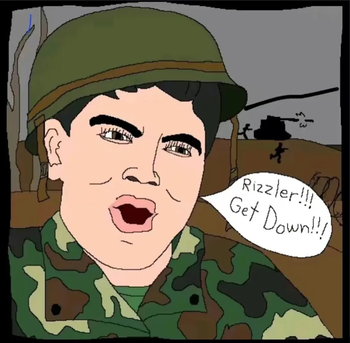 A cartoon soldier in a green helmet and camouflage uniform shouts from a battlefield setting, with a speech bubble…