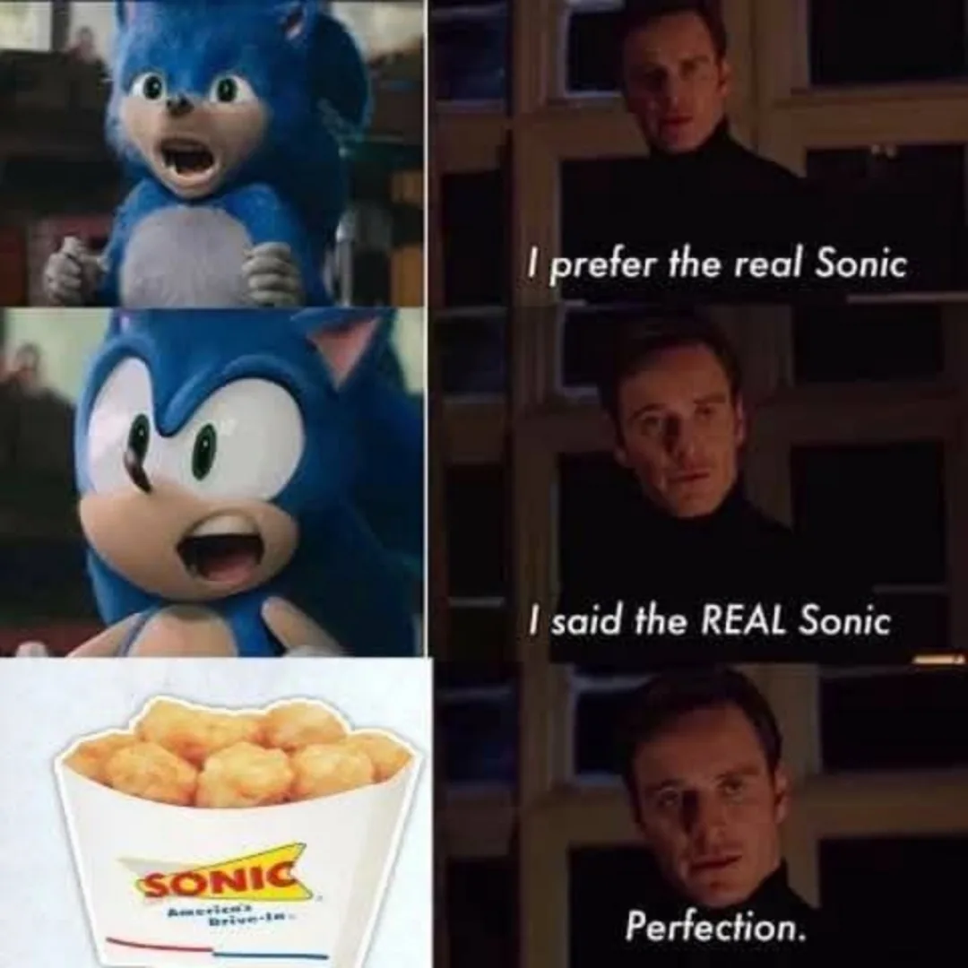 The image is a four-panel meme. The top-left panel shows the CGI blue hedgehog Sonic from the 2020 movie with a shocked…