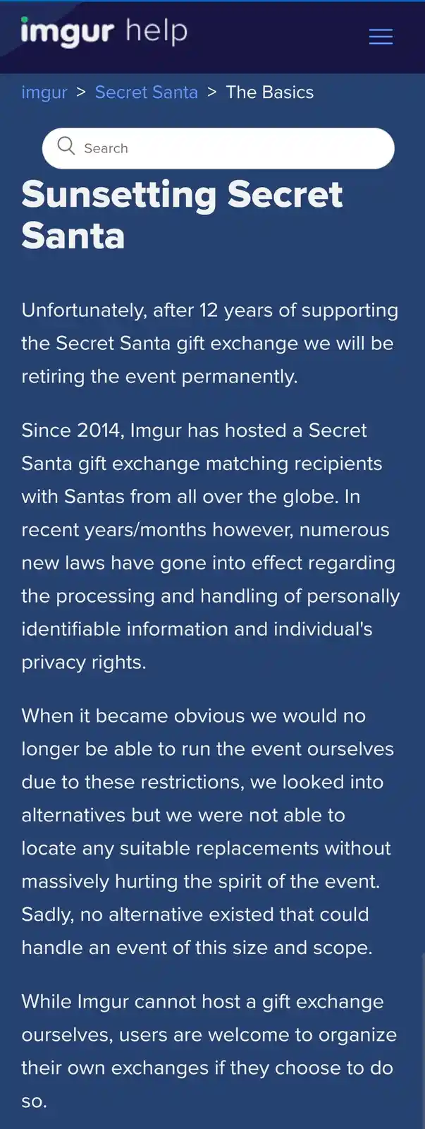 The image displays a screenshot of an Imgur help page announcing the permanent retirement of their Secret Santa gift…