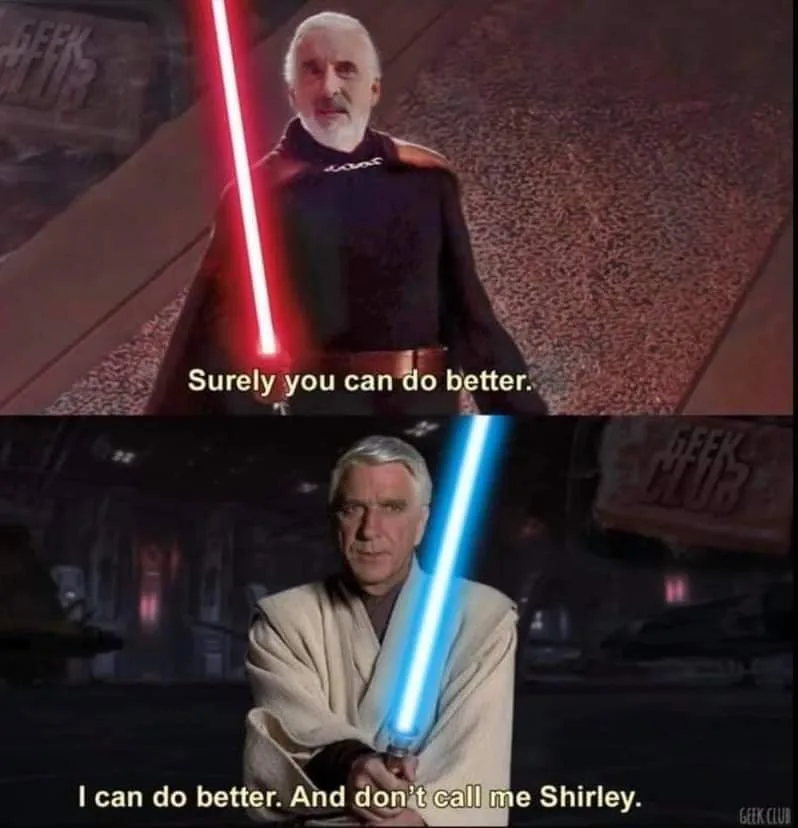 The image is a two-panel meme featuring two different men in Star Wars costumes holding lightsabers. The top panel shows a…