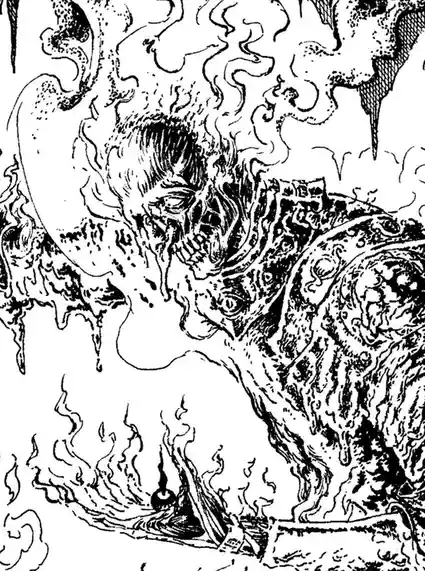 A black-and-white, highly detailed ink drawing depicts a grotesque, melting, demonic-looking creature with a skull-like face…