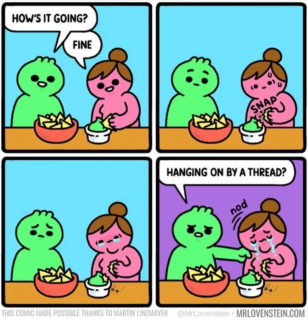 A four-panel comic shows a green and pink cartoon character sitting at a table with bowls of food. The green character asks…