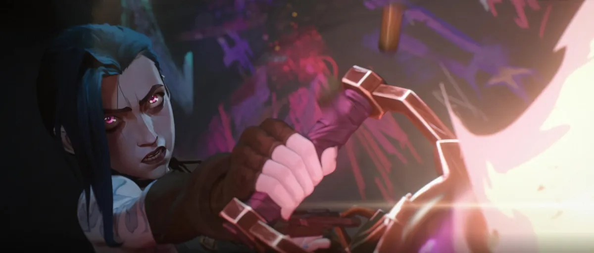 An anime-style character with dark blue hair and glowing pink eyes grips a glowing weapon, looking intensely forward as…