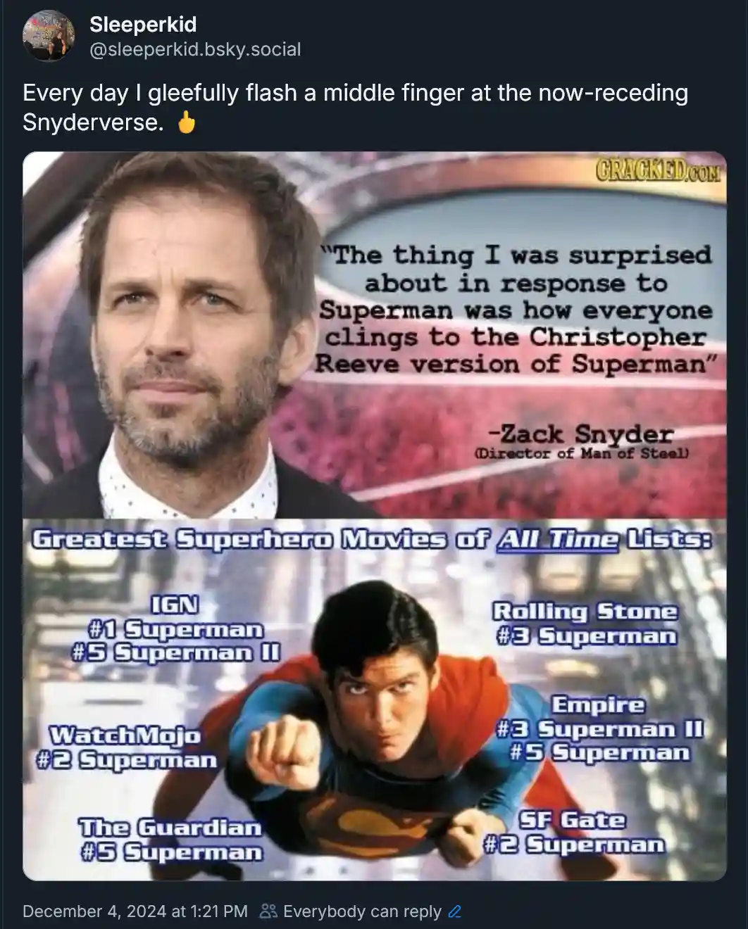 The image is a two-part meme. The top part shows a photo of Zack Snyder with a quote attributed to him: 'The thing I was…