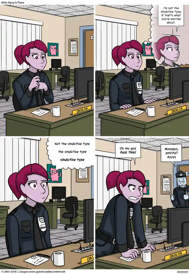 A four-panel comic strip shows a female police officer at her desk, initially reassuring herself she's not vindictive, then…
