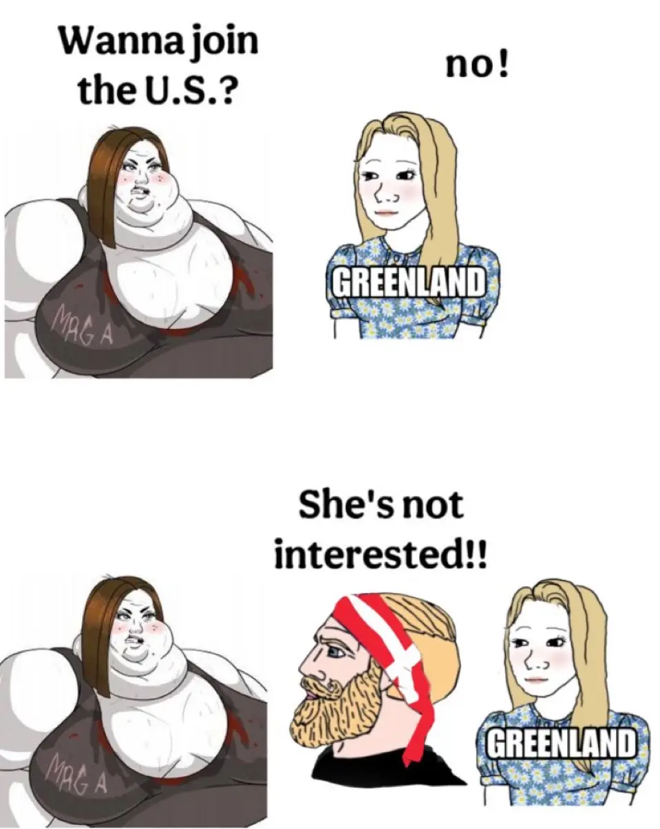 The meme shows two panels. Top: A muscular woman in a 'MAGA' shirt asks 'Wanna join the U.S.?' while a blonde woman labeled…