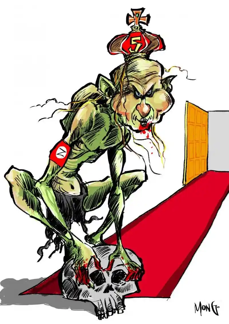 A grotesque green-skinned caricature with pointed ears, wearing a crown with a '5' and a red armband with a swastika, stands…