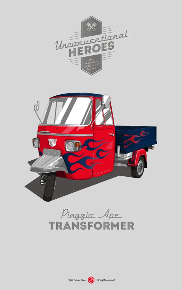 A red and blue Piaggio Ape three-wheeled cargo vehicle is shown with Transformers-style flame decals and the Autobot logo on…