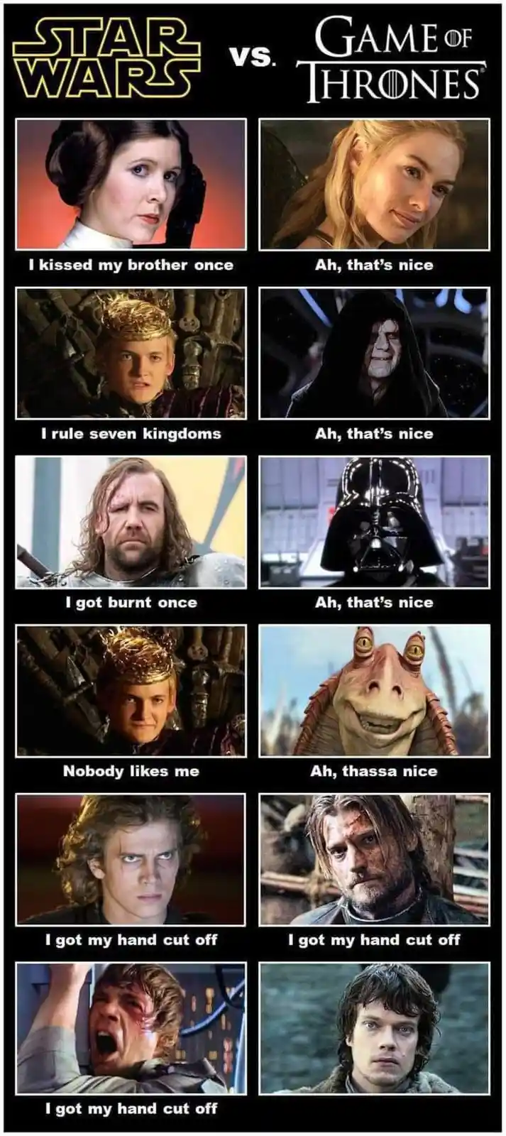 A Star Wars vs. Game of Thrones comparison meme featuring characters from both franchises. Each row shows a Star Wars…