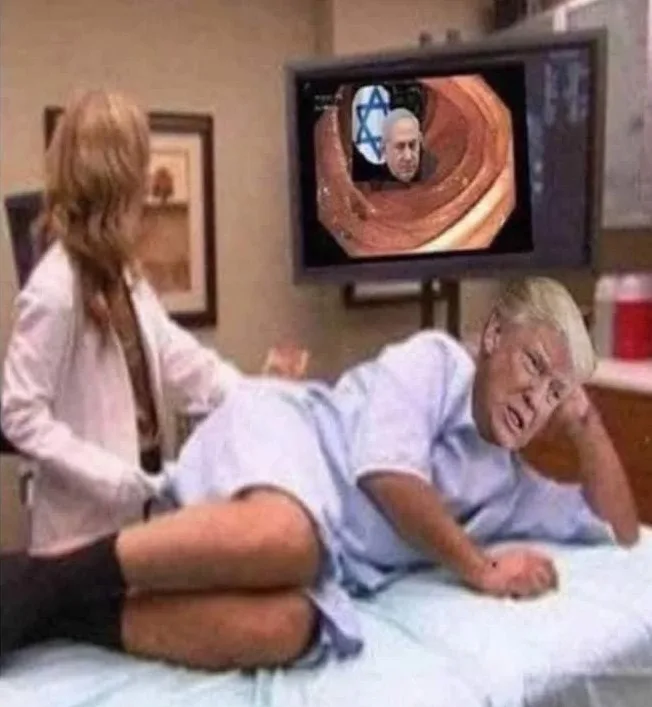 A man with blonde hair lies on a medical examination table in a hospital gown, looking distressed as a female doctor in a…