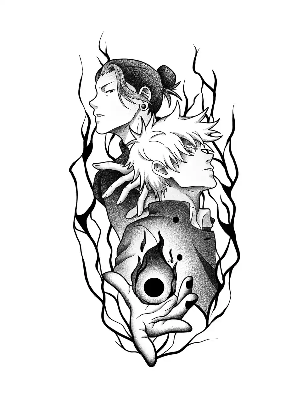 A black-and-white anime-style illustration shows two characters, one with dark hair in a bun and the other with spiky white…