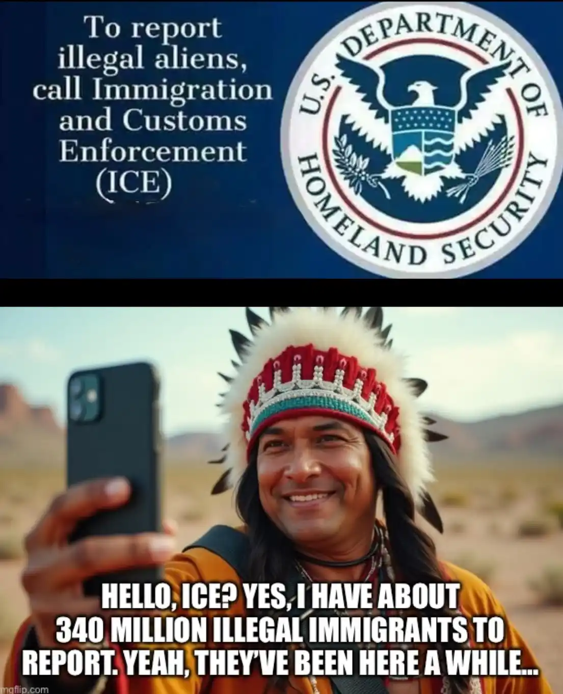 The top panel shows a blue background with the U.S. Department of Homeland Security seal and text instructing to call ICE to…