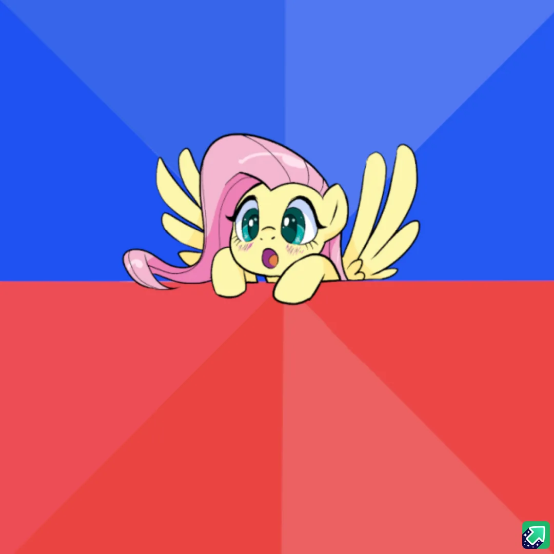 A cartoon pony with yellow body, pink mane and wings peeks over a red and blue split background with wide eyes and an open…