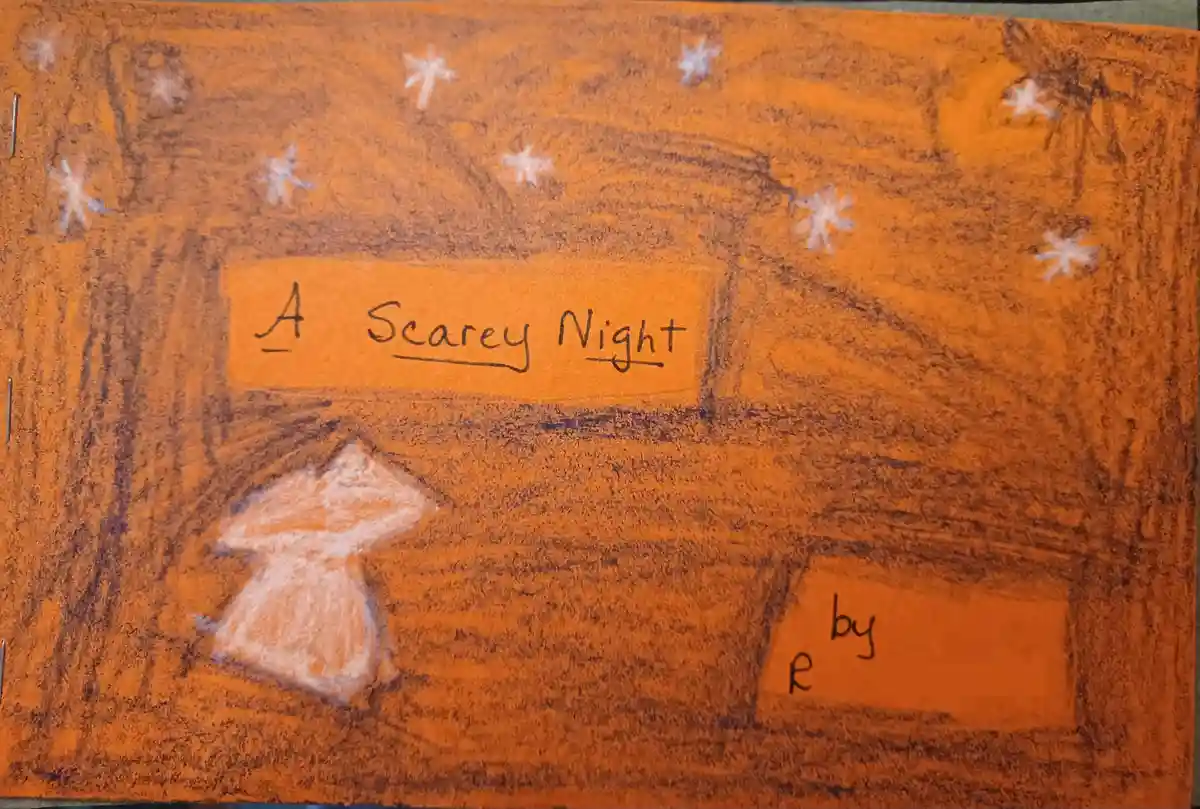A child's crayon drawing depicts a spooky night scene with an orange sky, white stars, and a simple ghost figure. The title…
