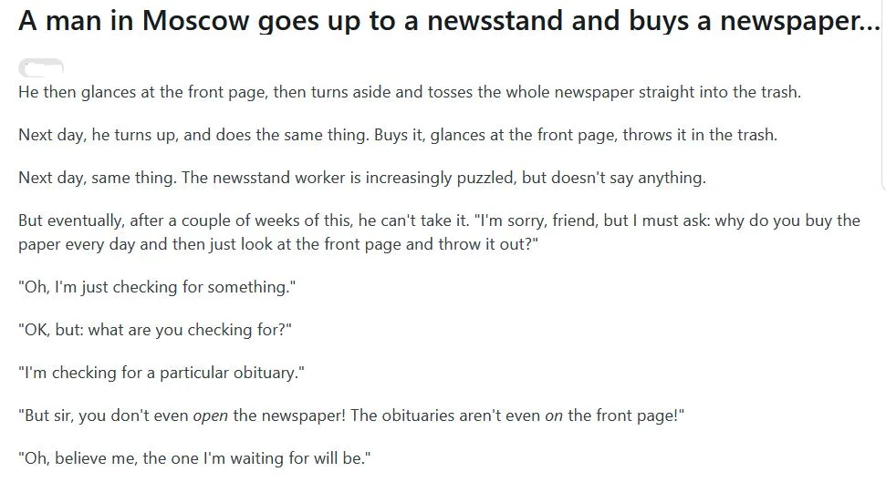 The image displays a text-based joke about a man in Moscow who repeatedly buys newspapers, glances at the front page, and…