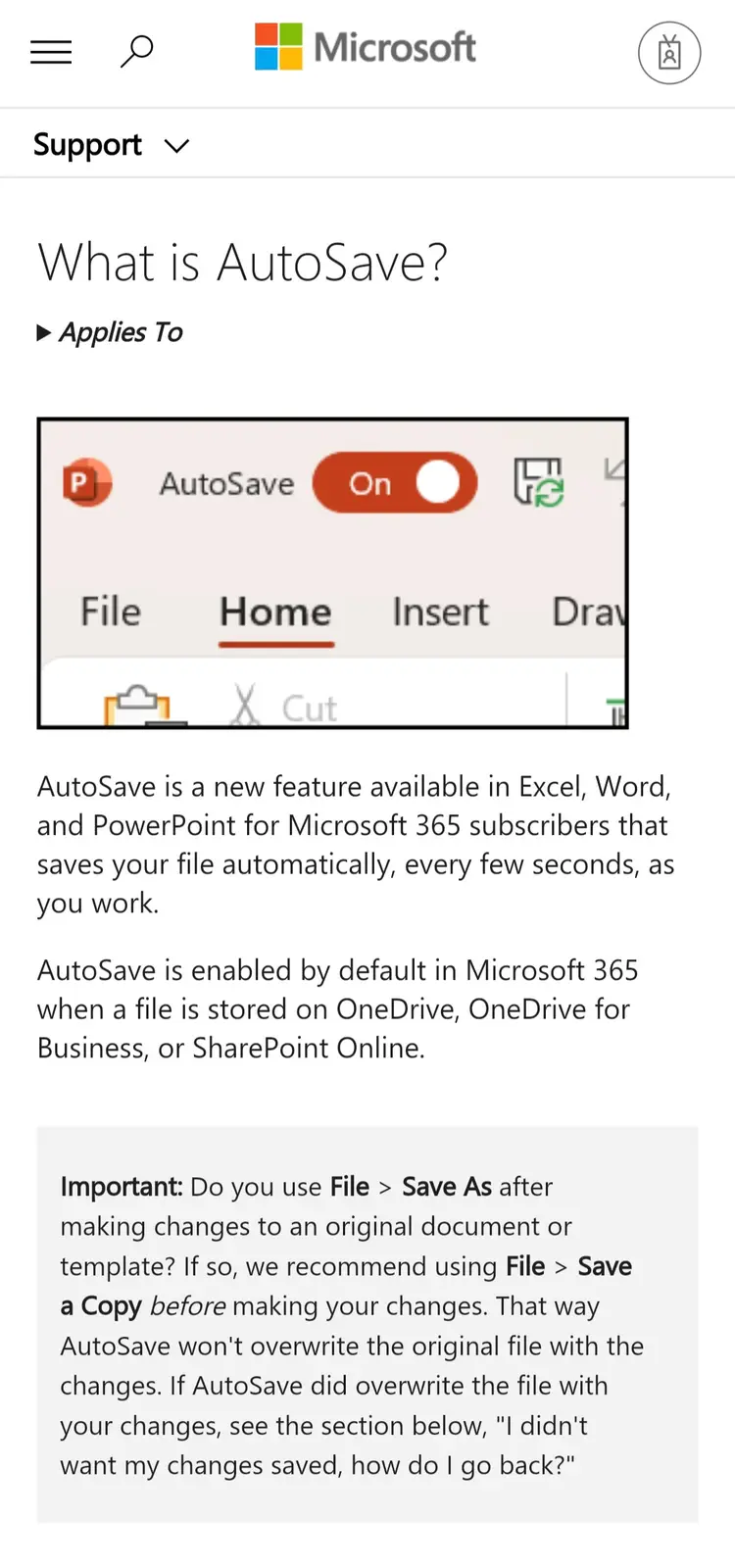 A screenshot of Microsoft's support page explaining AutoSave, showing a PowerPoint interface with the 'AutoSave' toggle…