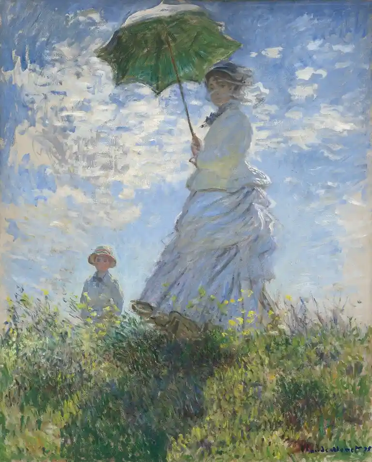 This is a famous impressionist painting by Claude Monet, depicting a woman in a light blue dress holding a green parasol…