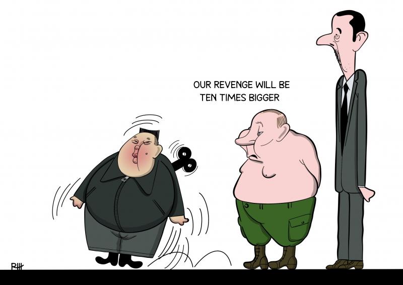 A cartoon depicts three men: a short, rotund man in a black jacket with a small black device on his back, a larger bald man…