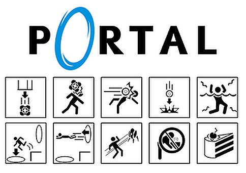The image displays the word 'PORTAL' with the 'O' as a blue portal. Below it are ten black-and-white stick figure icons…