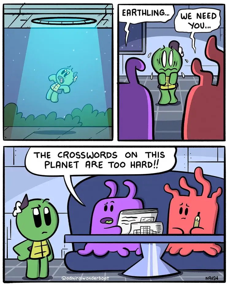 A three-panel comic strip featuring cartoon aliens. In the first panel, a small green alien floats in a beam of light. In…