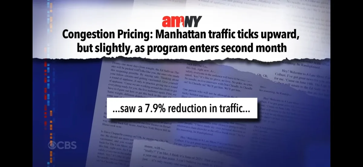 The image shows a screenshot of a news article from amNY with a torn-paper overlay effect. The headline reads 'Congestion…