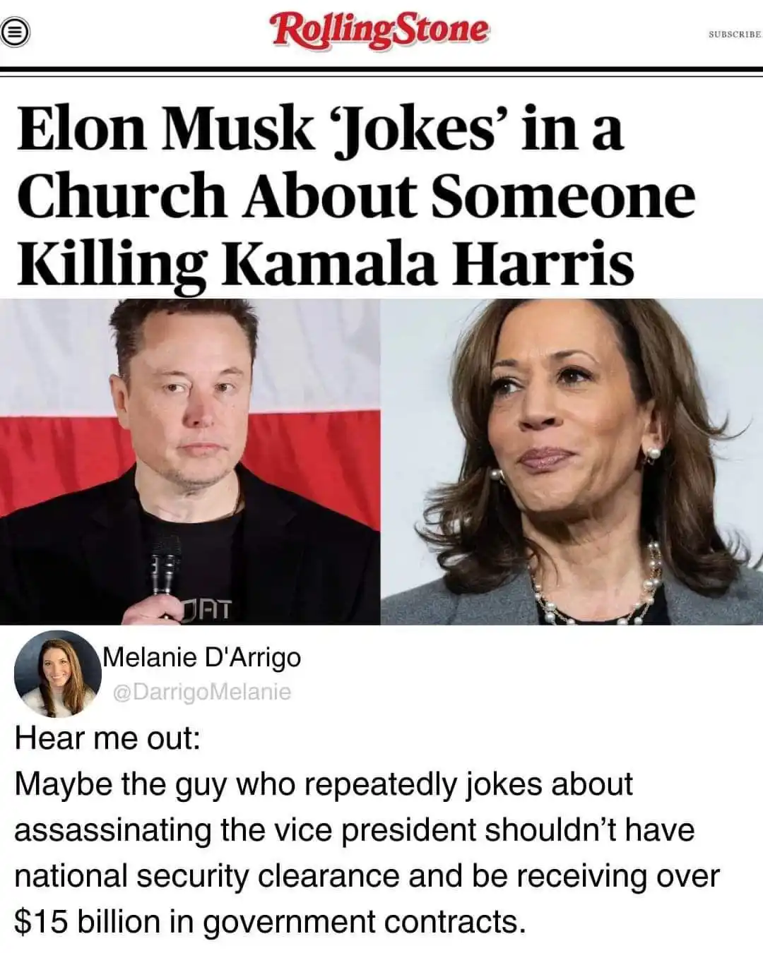 The image displays a Rolling Stone article headline about Elon Musk joking about killing Kamala Harris, with side-by-side…