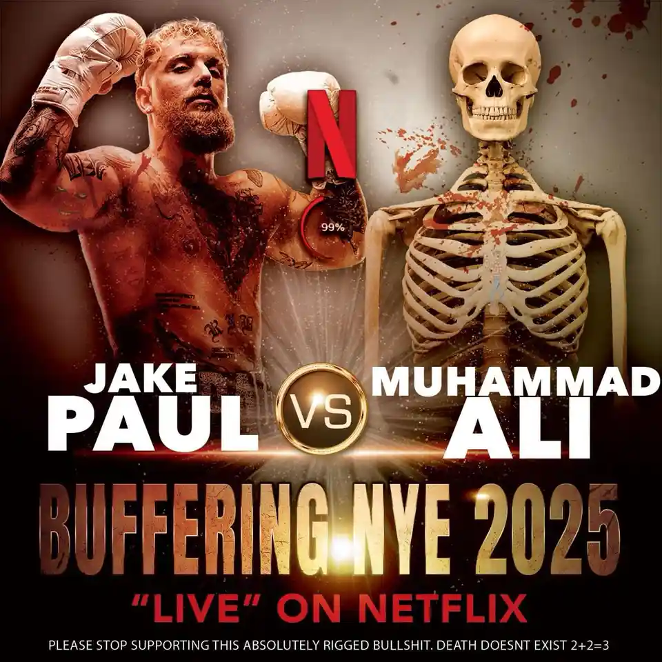 A digitally altered image shows Jake Paul, a tattooed boxer in white gloves, facing a skeleton with blood splatters. The…