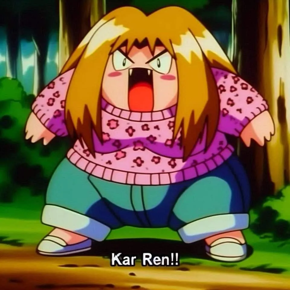 An anime character with blonde hair, wearing a pink floral sweater and blue pants, is shown in a forest with an angry…