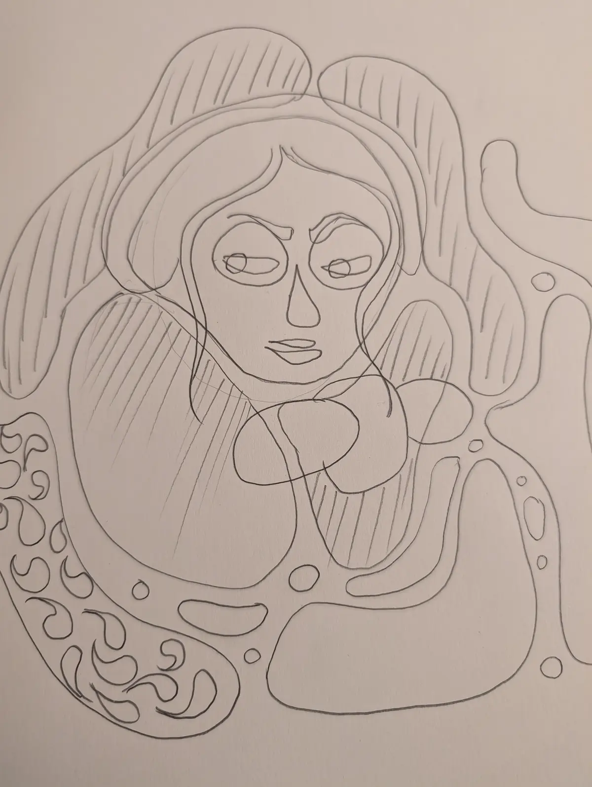 A black-and-white pencil sketch depicts a stylized human-like figure with a serene, slightly tired expression, surrounded by…