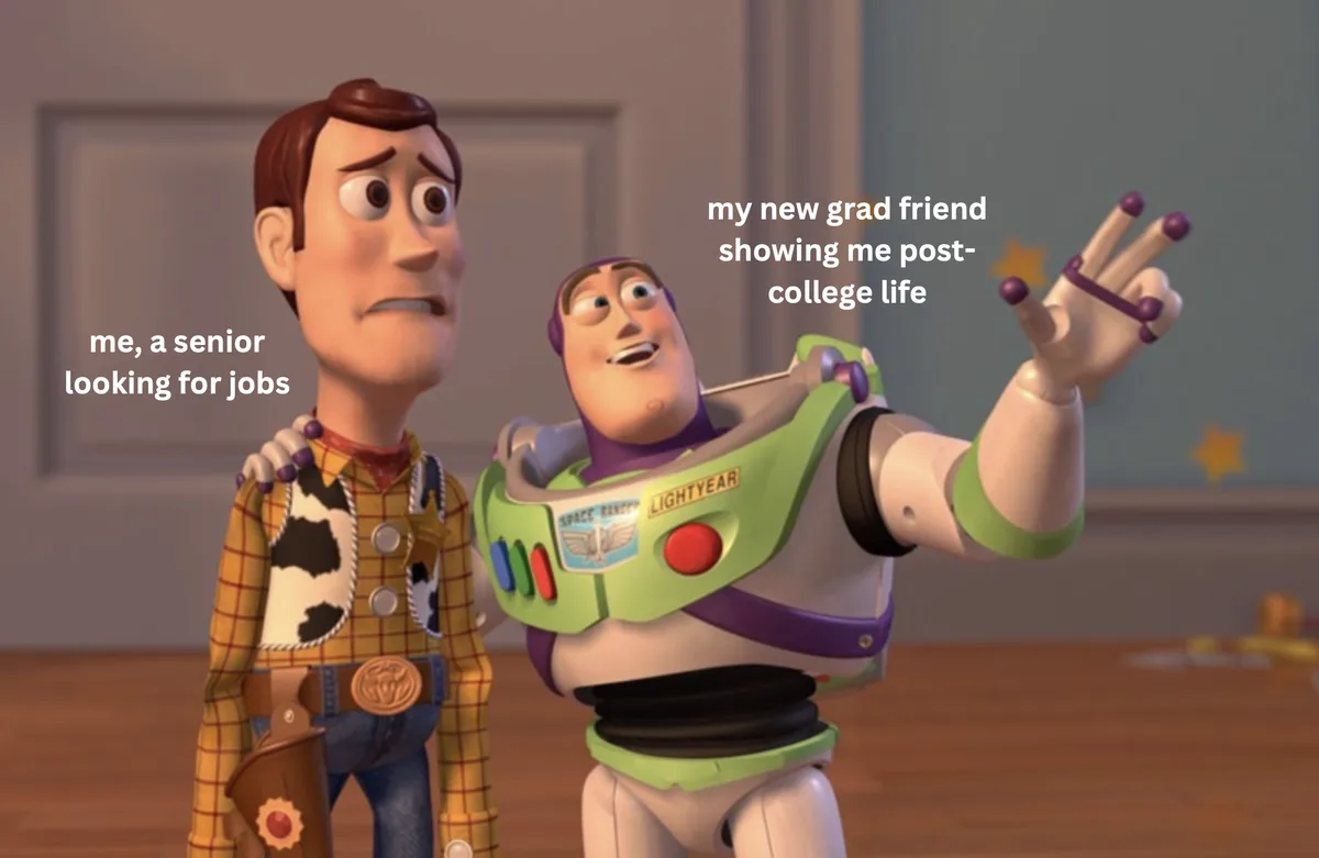 A still from Toy Story shows Woody looking worried while Buzz Lightyear gestures enthusiastically. Text labels Woody as 'me…