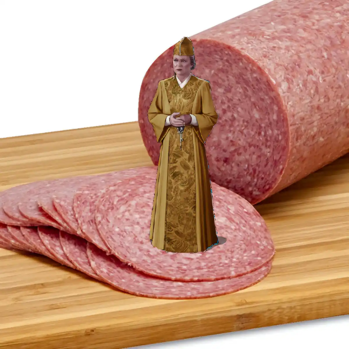 A digitally composited image shows a woman in ornate golden religious robes and a matching hat, standing atop a pile of…