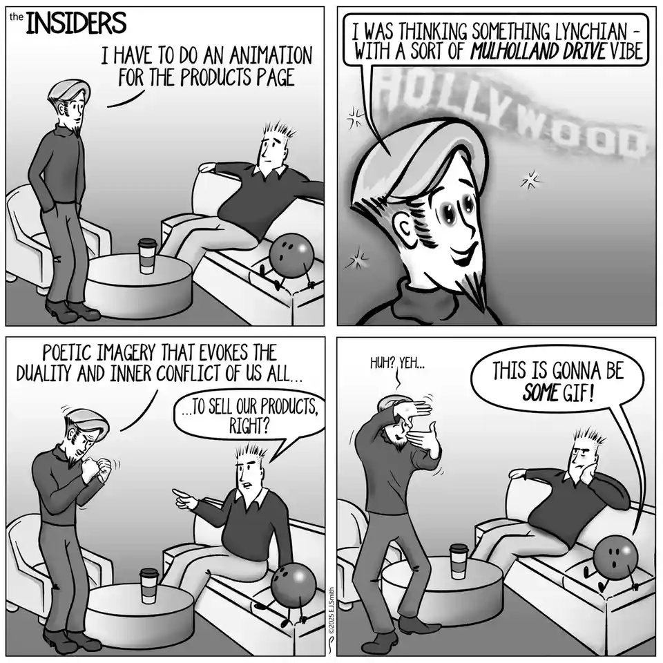 A four-panel black-and-white comic strip titled 'the INSIDERS' shows two men in a living room discussing an animation…