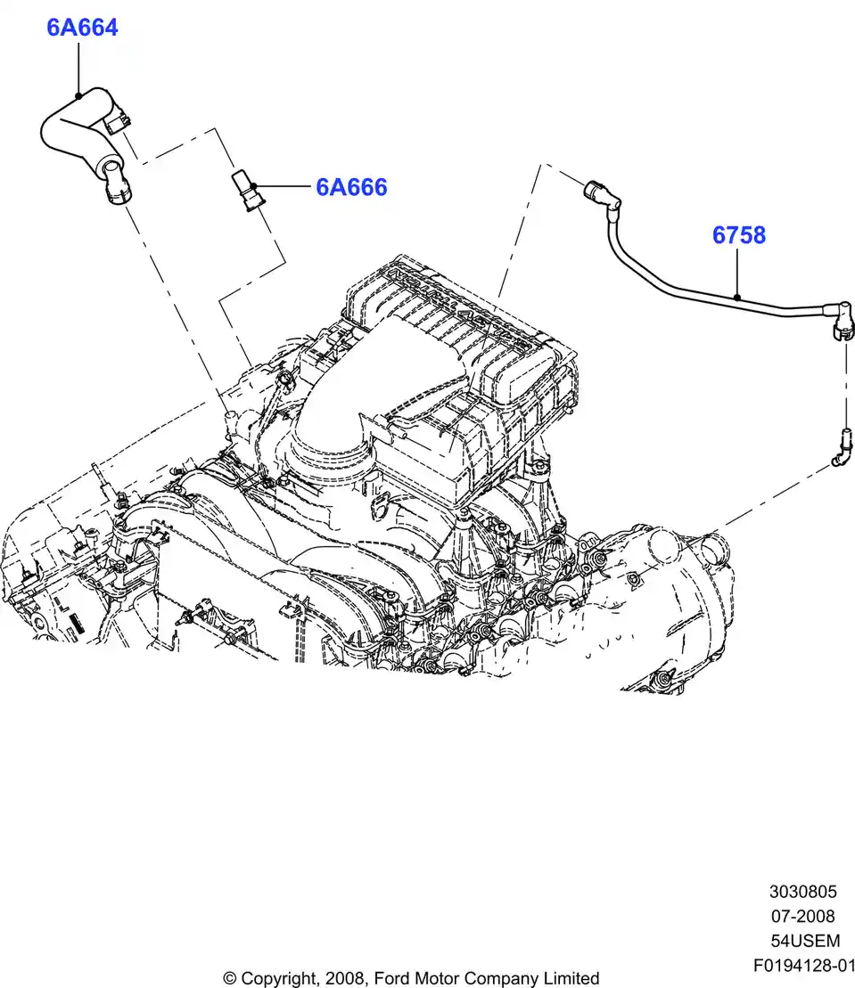A black-and-white technical line drawing of a Ford engine with three parts labeled with blue numbers: 6A664, 6A666, and…