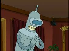 A cartoon robot with a silver body, blue visor, and antenna stands in a room with red curtains and a plant. He has a wide…