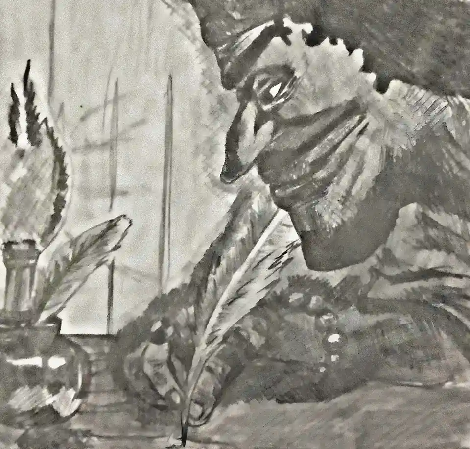 A black-and-white sketch shows a person with a distressed expression, looking down at a feather quill pen. The person…