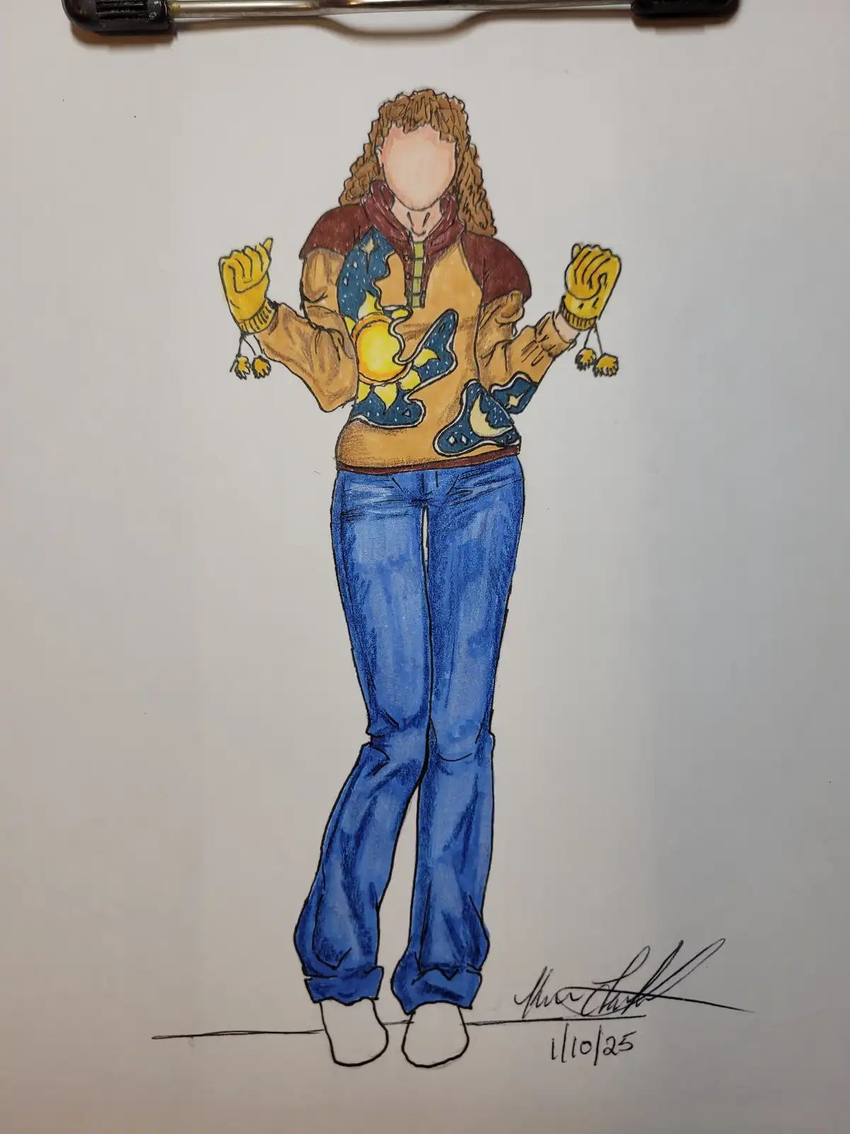 A hand-drawn illustration of a person with curly hair, wearing a yellow and maroon hoodie with a sun and moon graphic, blue…