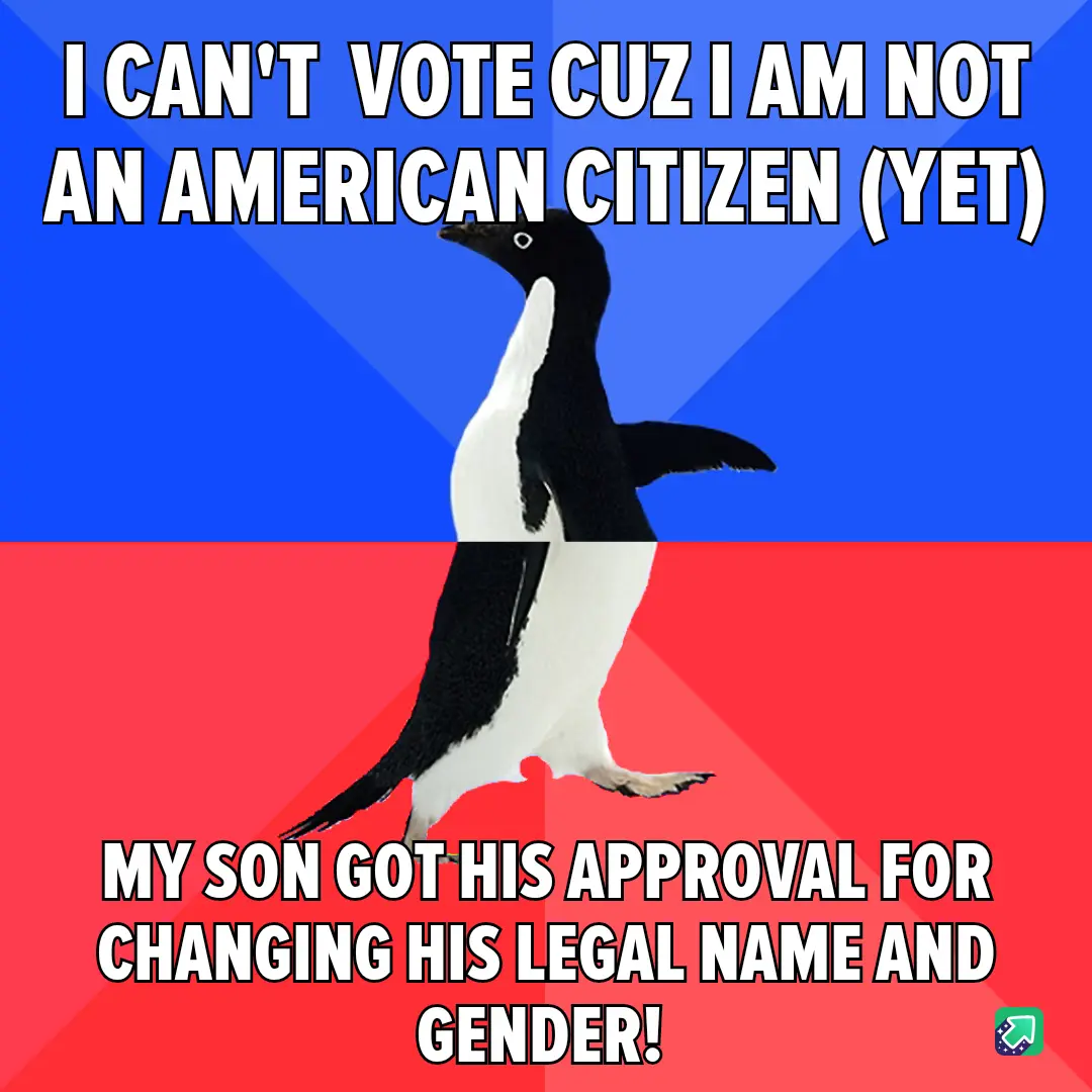 A penguin stands centered against a blue and red background, with bold white text at the top stating 'I CAN'T VOTE CUZ I AM…