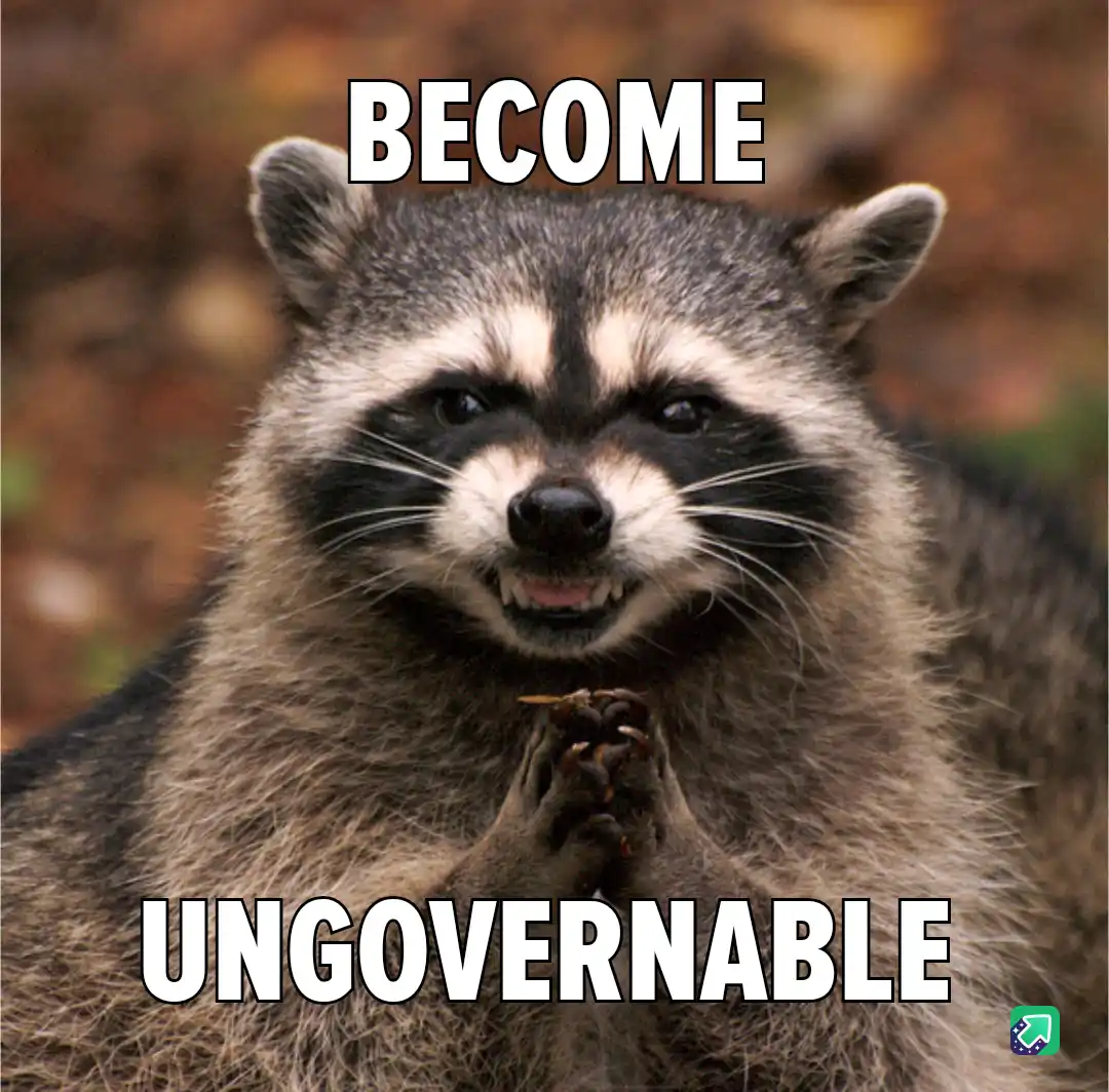 A close-up photo of a raccoon with a smug, self-satisfied expression, its paws clasped together in front of its chest. The…