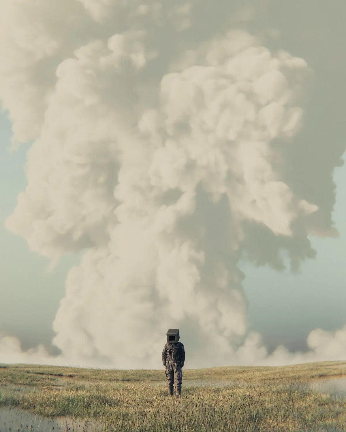 A lone figure in a dark, full-body suit stands in a grassy field, facing a massive, billowing cloud formation that dominates…