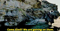 A sequence of six frames from 'The Lord of the Rings' shows Aragorn running toward a cliffside while yelling 'Come Gimli! We…