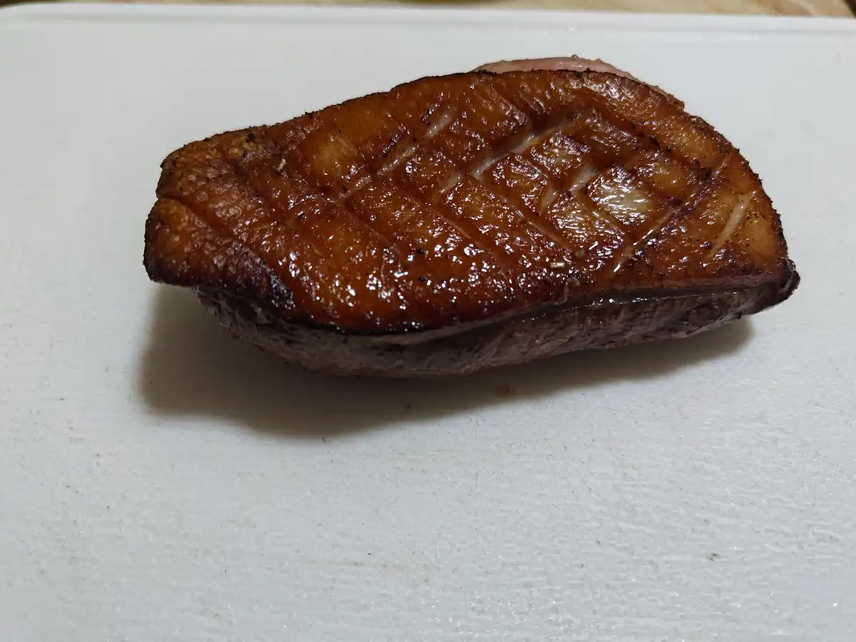 A close-up photo shows a single, perfectly seared duck breast with a glossy, caramelized skin and distinct grill marks…